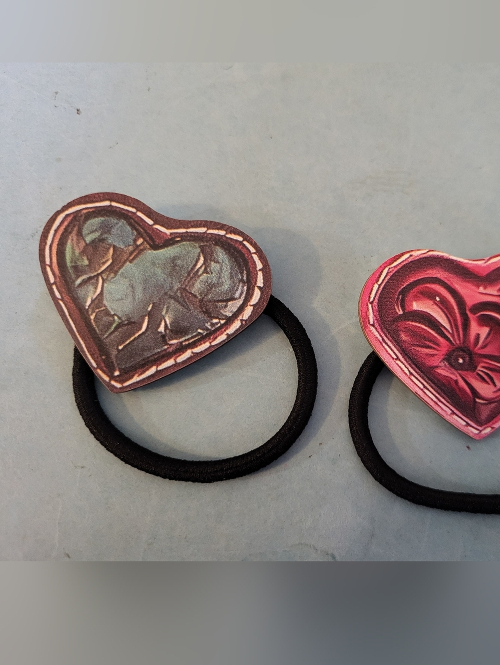 Pair of Wood Heart-Shaped Leather Hair Tie - Black Elastic #1191-212